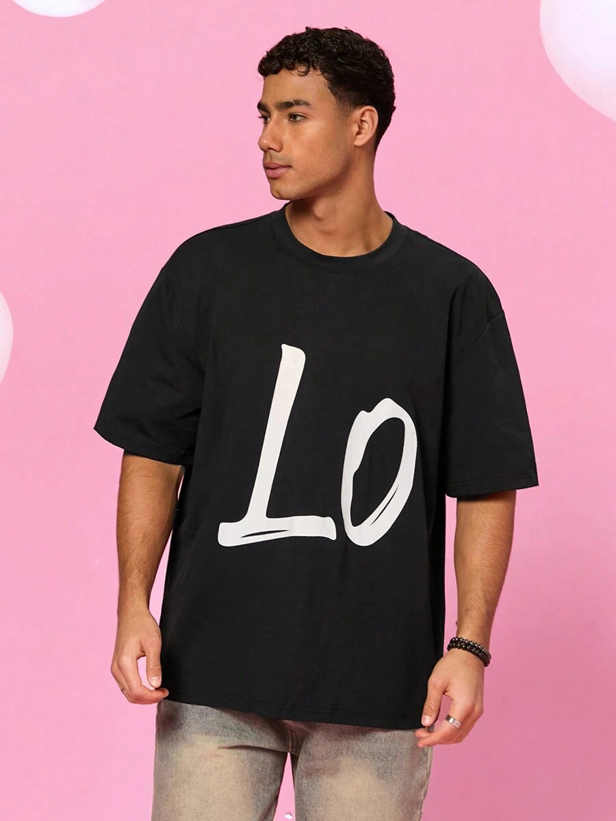 Manfinity Unisex 2 stuks koppel 'LOVE' letterprint losse pasvorm drop shoulder ronde hals korte mouw t-shirt set, geschikt voor dagelijks gebruik