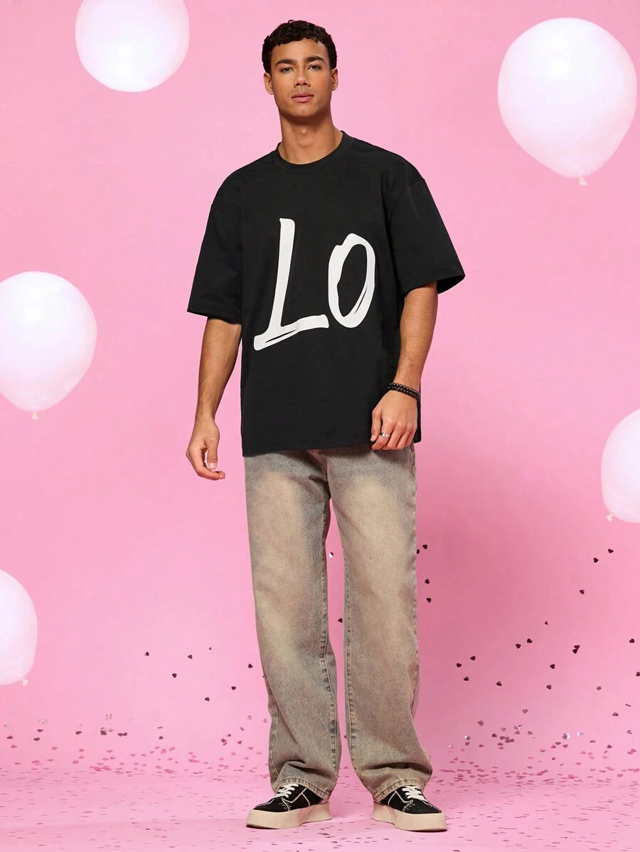 Manfinity Unisex 2 stuks koppel 'LOVE' letterprint losse pasvorm drop shoulder ronde hals korte mouw t-shirt set, geschikt voor dagelijks gebruik