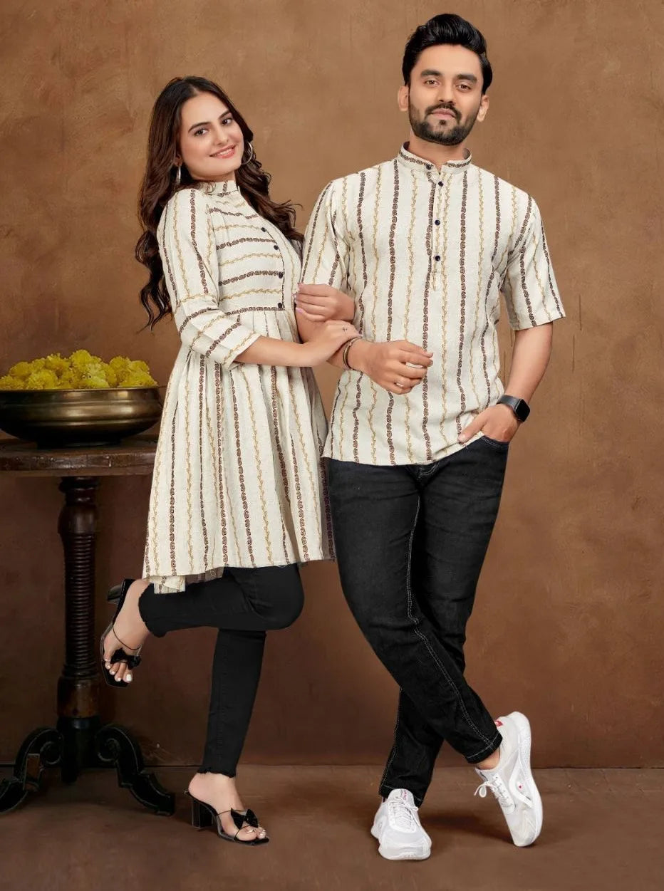 Paar Festival Seizoen Combo Heren Jacquard Border Kurta Shirt & Dames Tuniek Indiaanse En Pakistaanse Kledingstijl