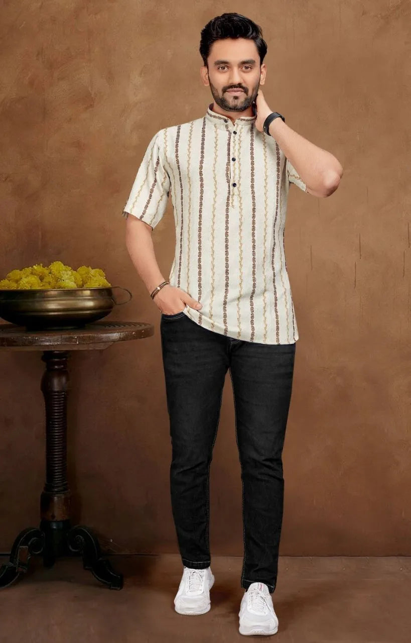 Paar Festival Seizoen Combo Heren Jacquard Border Kurta Shirt & Dames Tuniek Indiaanse En Pakistaanse Kledingstijl