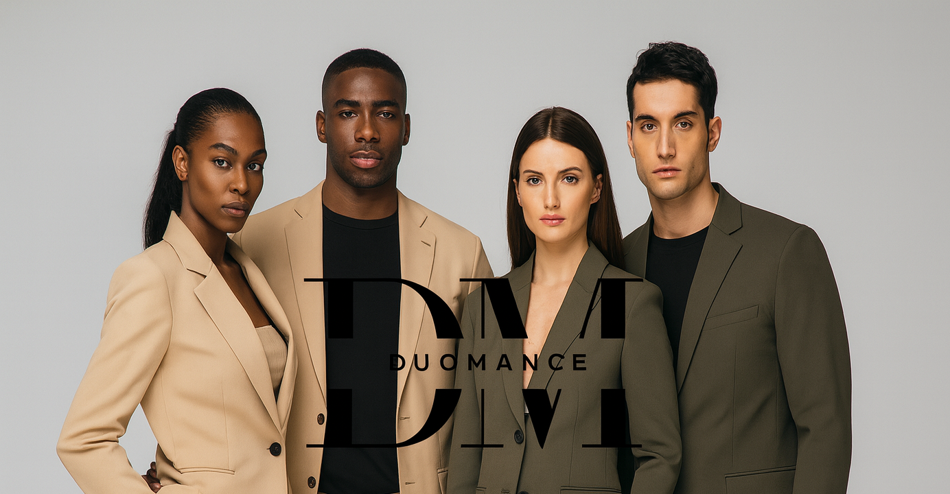 Vier modellen gecentreerd met ruimte boven hun hoofd