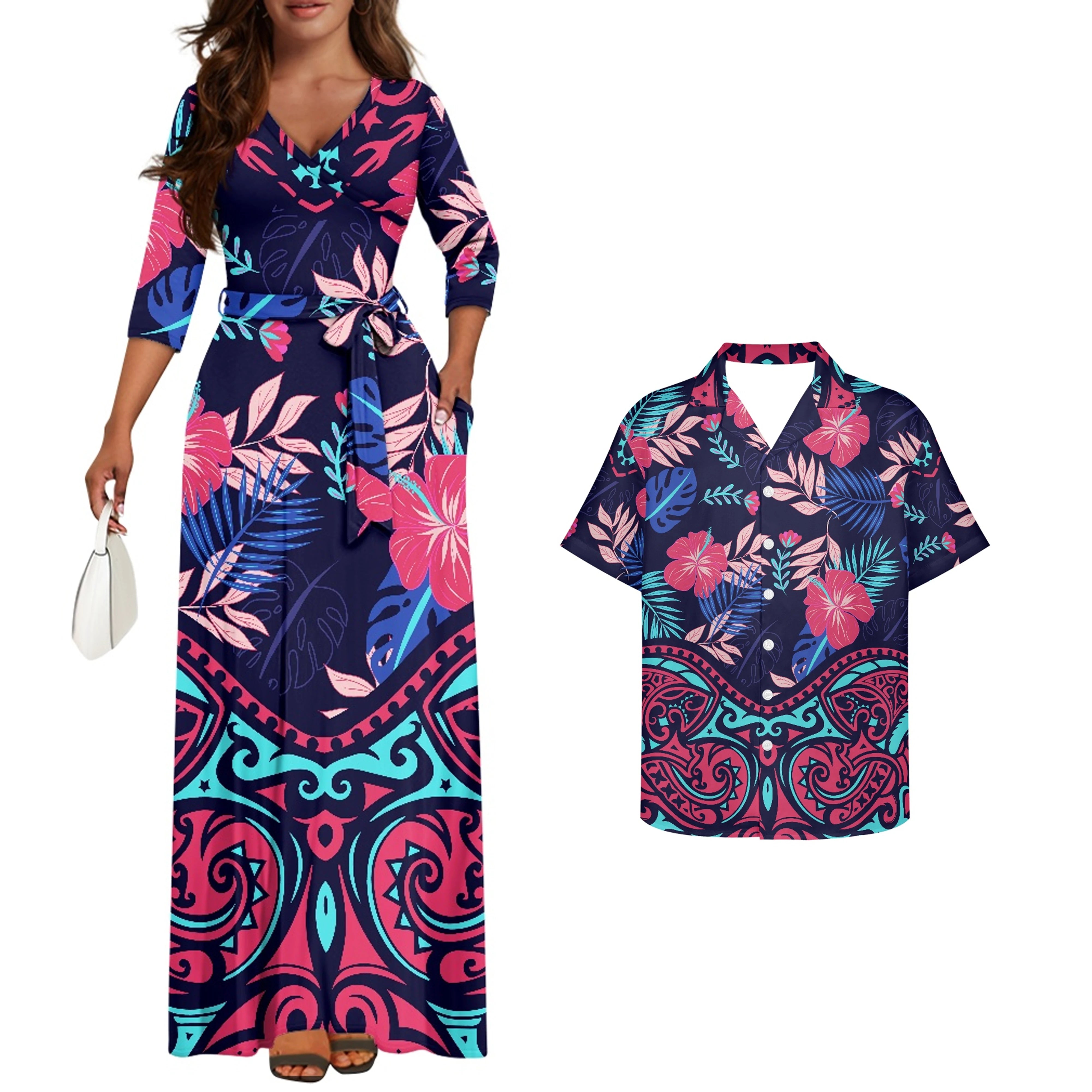Plus Size Tropische Print Damesjurk met Heren Hawaiiaanse Shirts