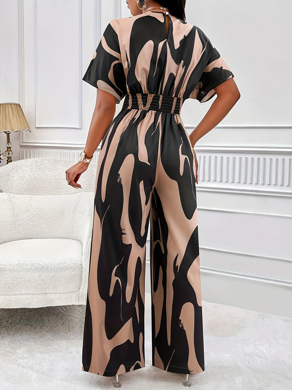 New Women High Waist Jumpsuit Short Sleeve Wide Leg Pants Overalls Lady Printed Summer Loose Jumpsuits