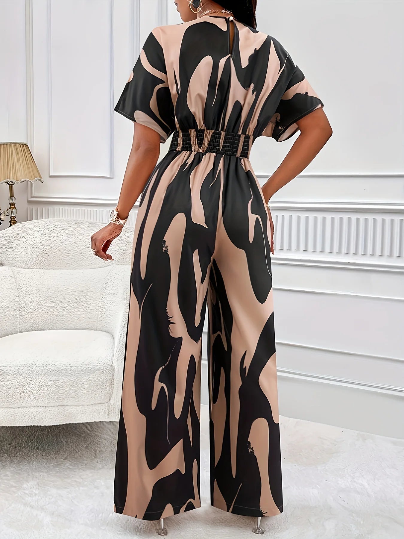 New Women High Waist Jumpsuit Short Sleeve Wide Leg Pants Overalls Lady Printed Summer Loose Jumpsuits