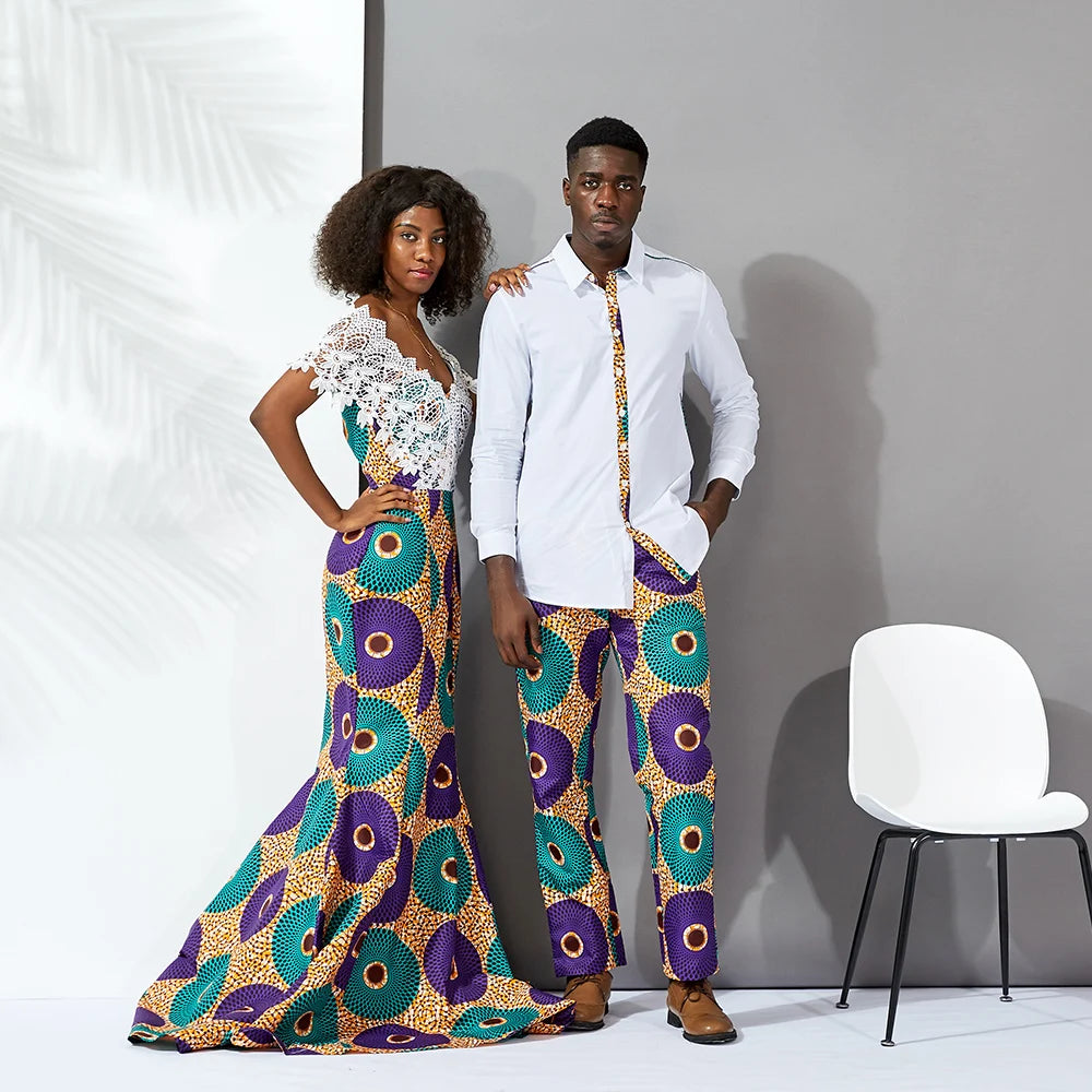 Custom Afrikaanse Wax Print Twee Stukken Set Voor Mannen 100% Katoen Modieuze Mannen Shirts Casual Mannen Paar Feestkleding