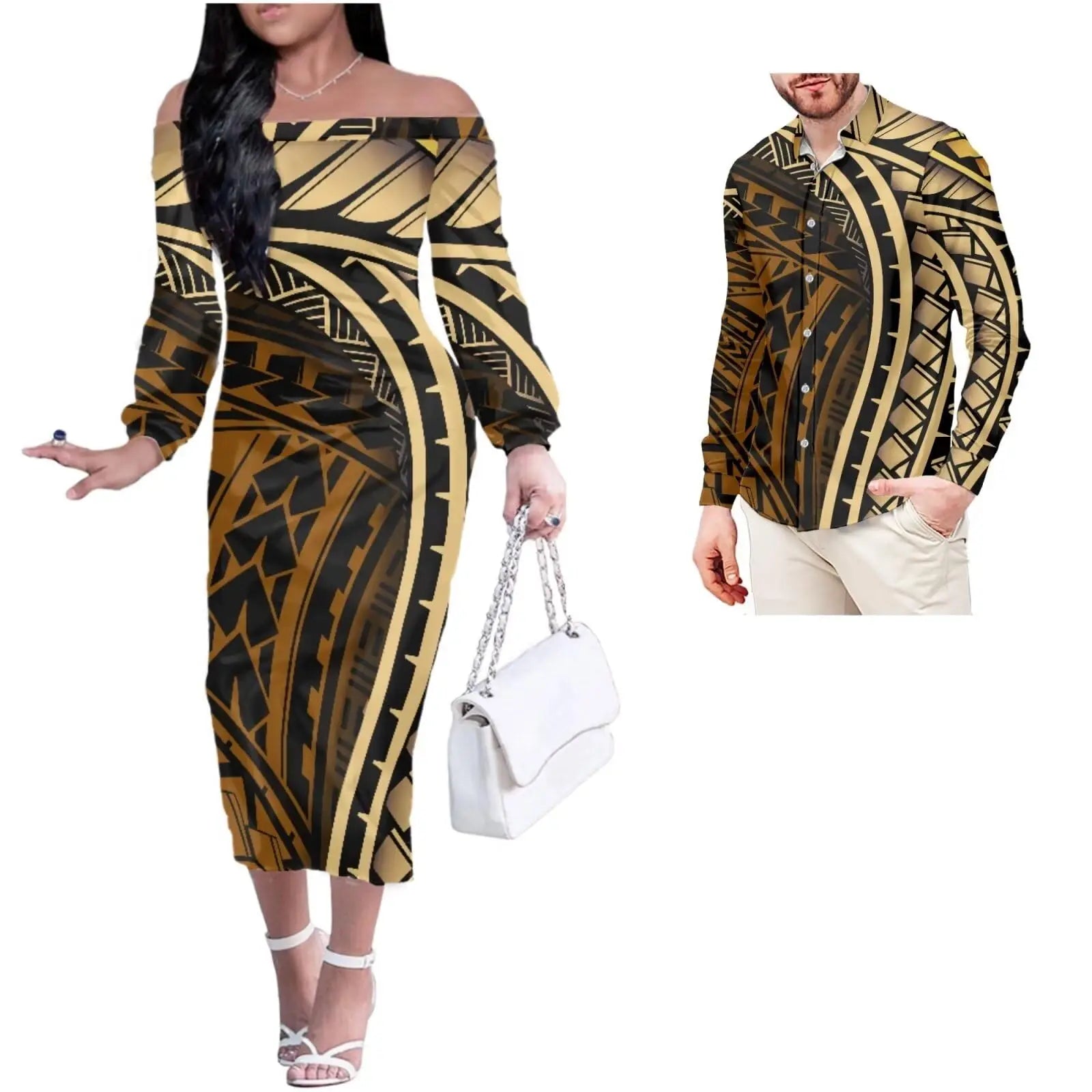 Customizable Polynesian Couple's Off-Shoulder Dress & Shirt Set