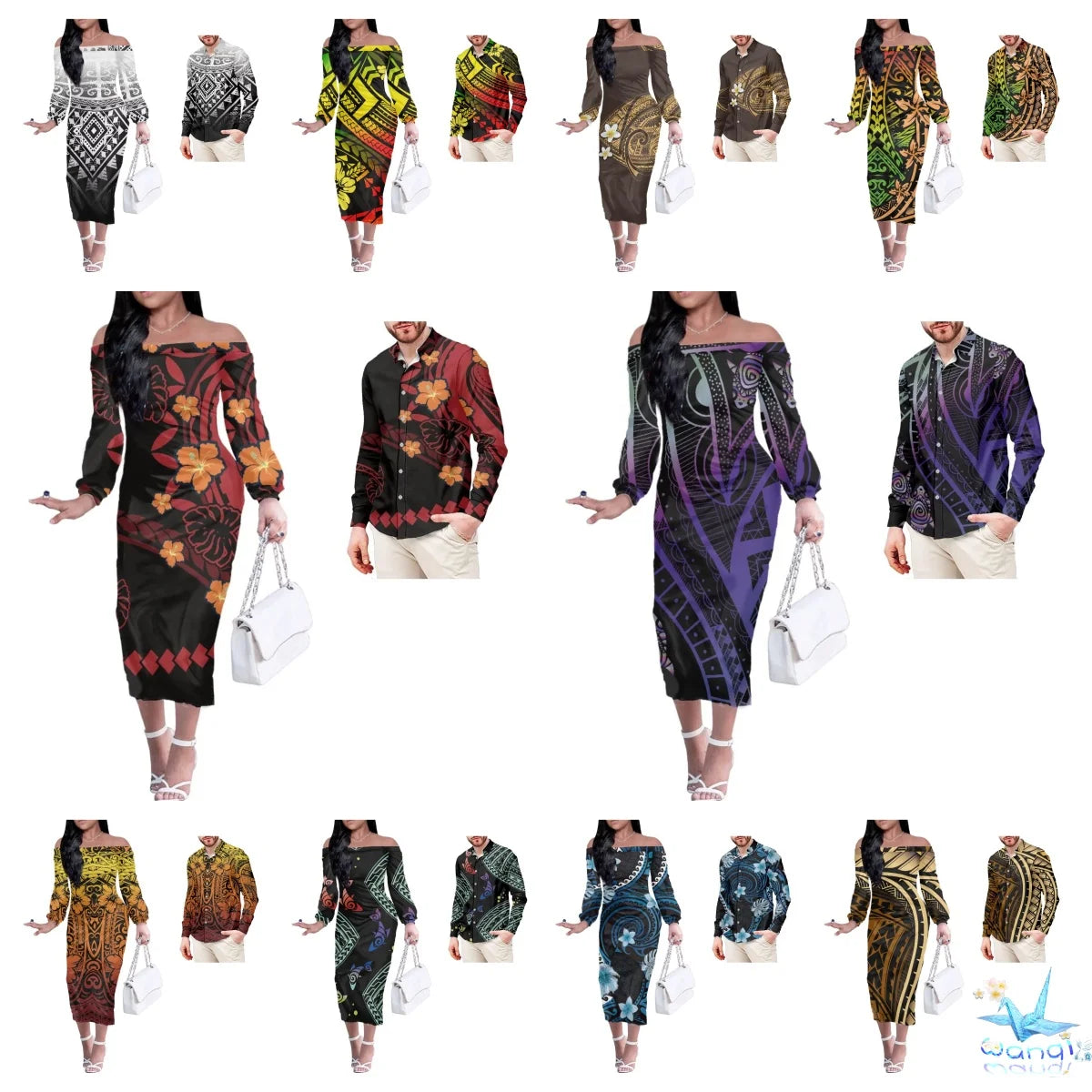 Customizable Polynesian Couple's Off-Shoulder Dress & Shirt Set