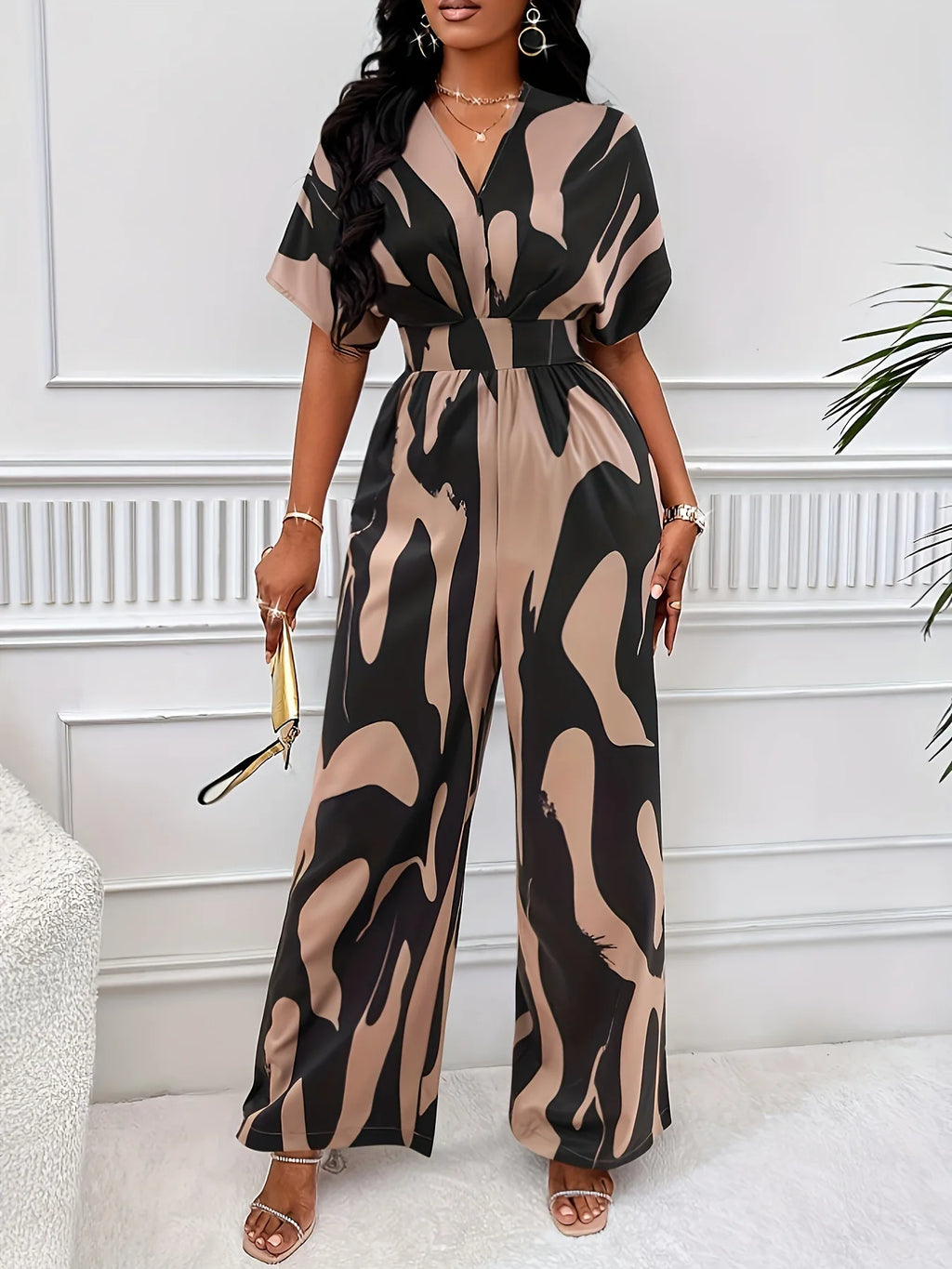 New Women High Waist Jumpsuit Short Sleeve Wide Leg Pants Overalls Lady Printed Summer Loose Jumpsuits