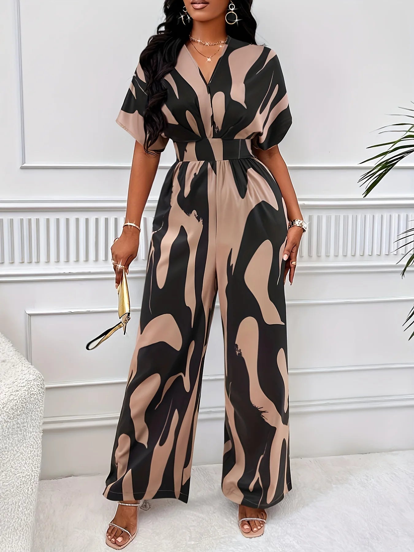 New Women High Waist Jumpsuit Short Sleeve Wide Leg Pants Overalls Lady Printed Summer Loose Jumpsuits