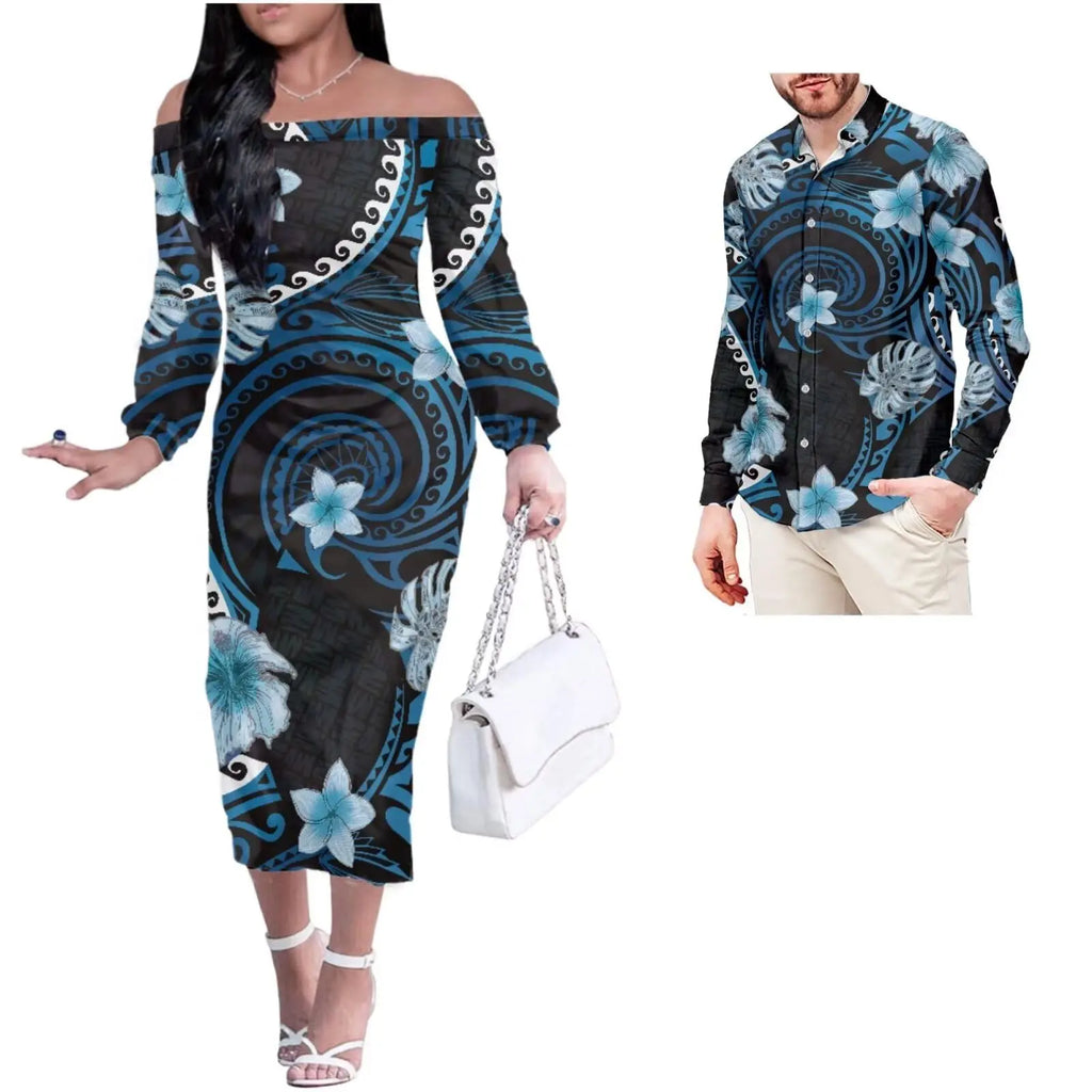 Customizable Polynesian Couple's Off-Shoulder Dress & Shirt Set