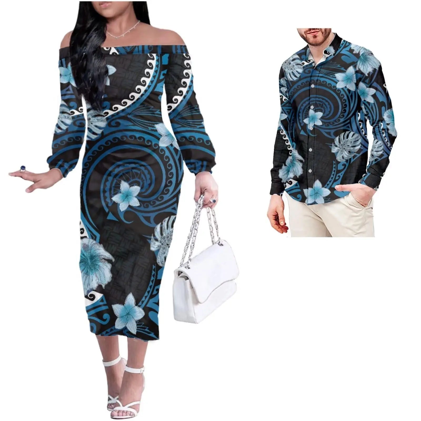 Customizable Polynesian Couple's Off-Shoulder Dress & Shirt Set