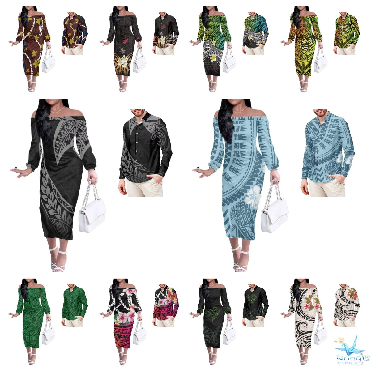Customizable Polynesian Couple's Off-Shoulder Dress & Shirt Set