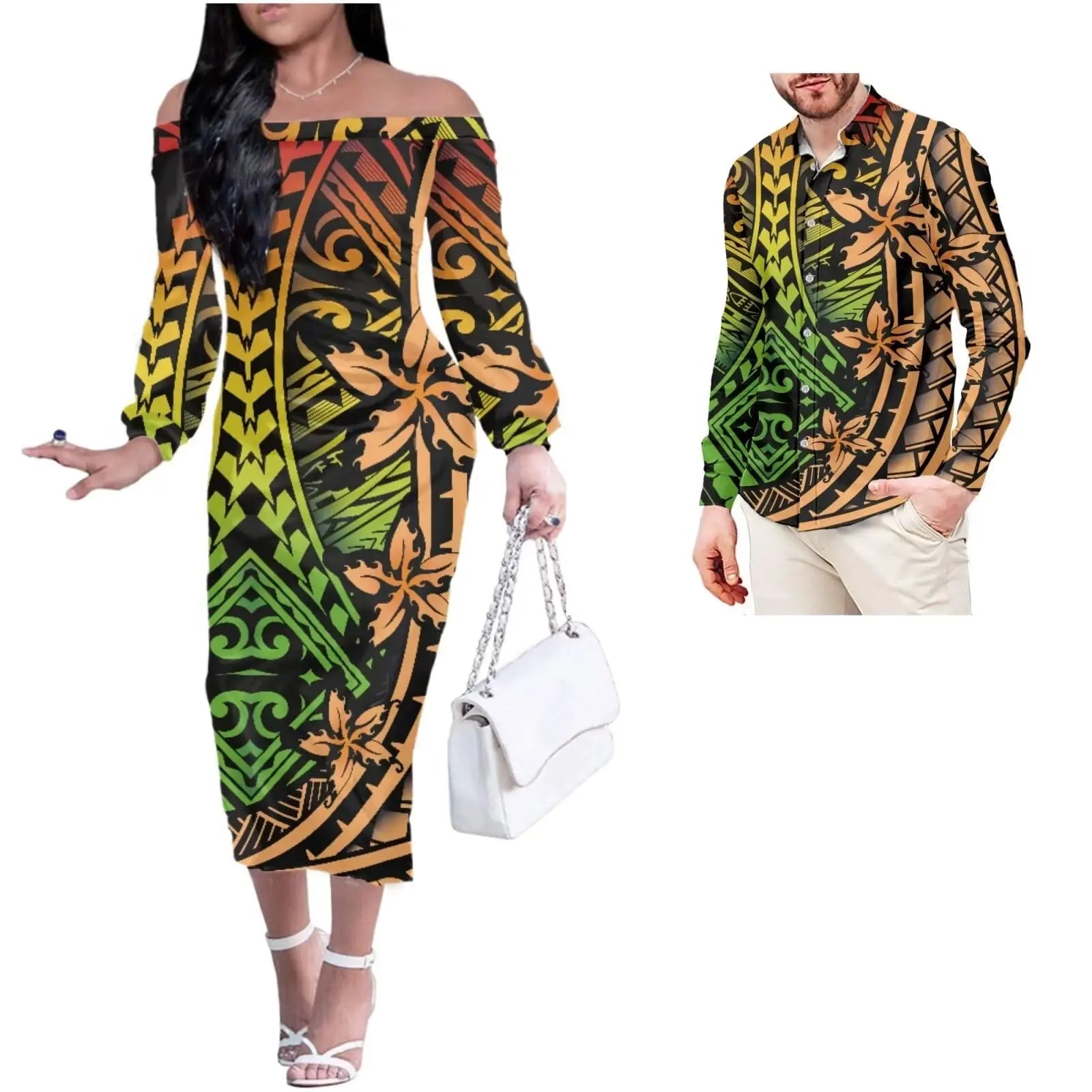 Customizable Polynesian Couple's Off-Shoulder Dress & Shirt Set